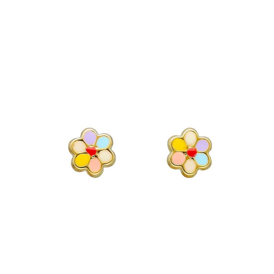 Joyer A En Oro Joya36 | Pendientes Infantiles En Oro Flor Multicolor