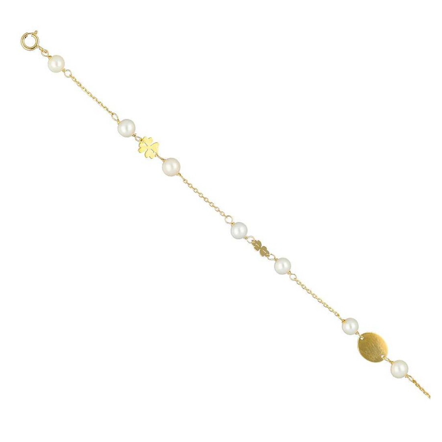 Joyer A En Oro Joya36 | Pulsera Infantil Perlas Y Tr Boles