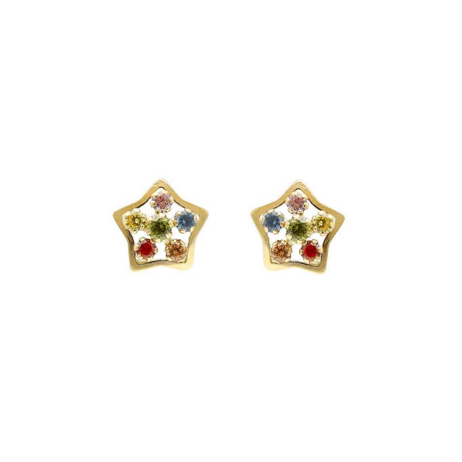 Joyer A En Oro Joya36 | Pendientes En Oro Con Estrellas Y Circonitas En Color